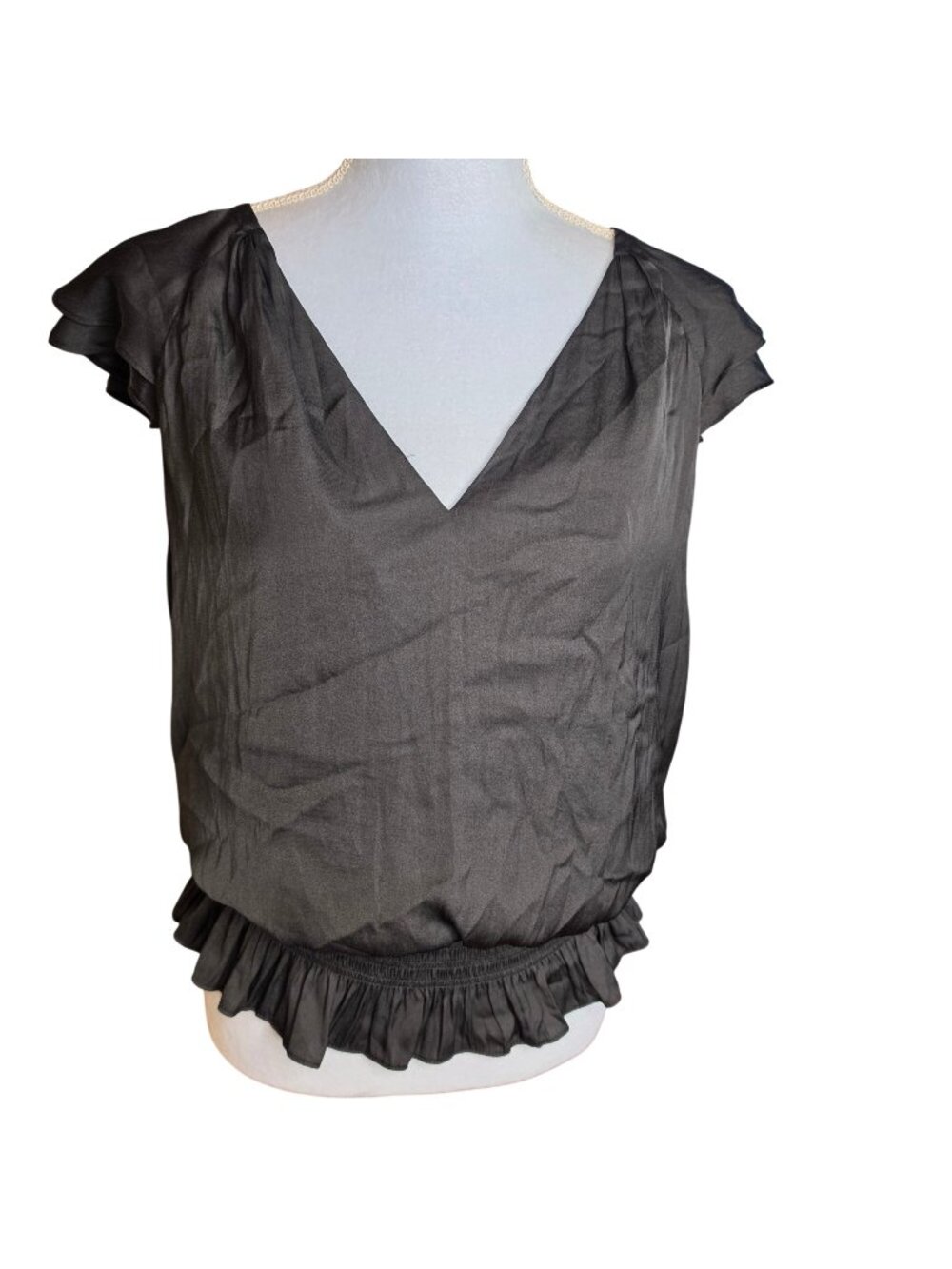 Anthropologie Current Air Smocked Blouse L Charcoal Flutter Sleeve V Neck Boho